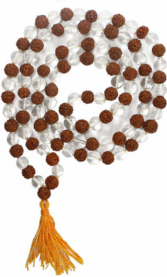 shahinpearlmart Natural Rudraksha and Sphatik (Quartz) Mala 6 mm Beads - 108+1 Beads Japa Rosary Rudraksh + Sphatik Spiritual Mala Crystal Wood, Crystal Necklace