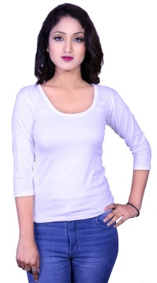 Deep Collection Solid Women Scoop Neck White T-Shirt