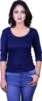 Deep Collection Solid Women Round Neck Blue T-Shirt