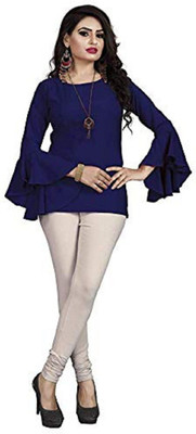 LAVESSI Casual 3/4 Sleeve Solid Women Blue Top