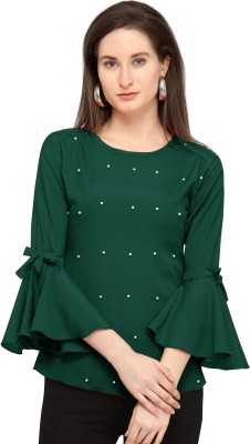 Sheetal Associates Casual Bell Sleeve Embellished Women Green Top