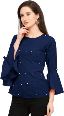 Shivay Style Casual Bell Sleeve Embellished Women Blue Top