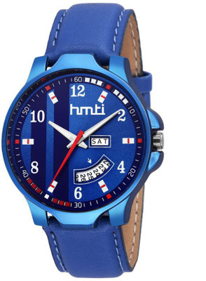 HMTI 8073 Blue Leather Strap Day and Date Functioning Analog Watch  - For Men