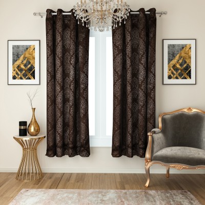 SWAYAM 274 cm (9 ft) Silk Blackout Long Door Curtain (Pack Of 2)(Floral, Black)
