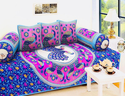 T9decorist Cotton Abstract Diwan Set(Blue)