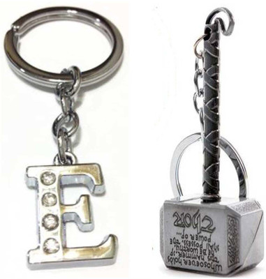 Rashi Traders Alphabet E Letter & Silver Thor Hammer Key Chain
