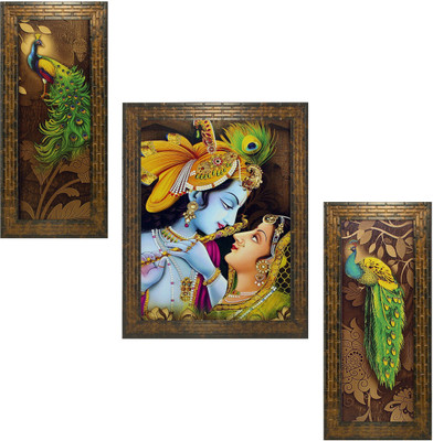 Indianara 3 PC Set of Radha Krishnas (1545) Without Glass Digital Reprint 13 inch x 10.2 inch Painting(With Frame, Pack of 3)