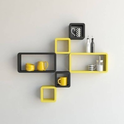 KraftStics Latest Wooden Wall Shelf (Number of Shelves -6 Yellow, Black) Wooden Wall Shelf(Number of Shelves - 6, Yellow, Black)