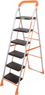 Flipzon Deluxe Heavy Foldable 6 Steps Ladder with Wide Steps & Anti-Skid Shoes Steel Ladder(With Platform, Hand Rail)