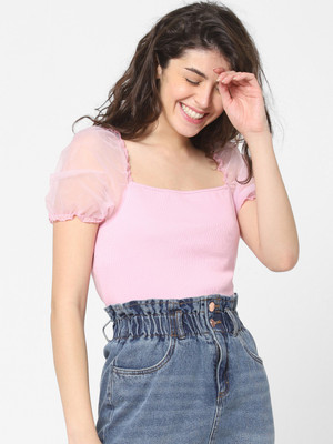 Only Casual Short Sleeve Solid Women Pink Top