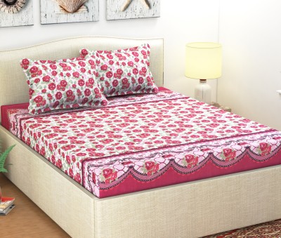 Shubh 104 TC Microfiber Double Floral Flat Bedsheet(Pack of 1, Red, White)