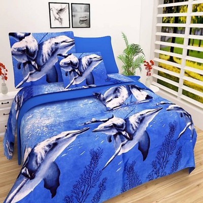 KIDSCOLLECTIONS 140 TC Microfiber Double Self Design Flat Bedsheet(Pack of 1, Blue)