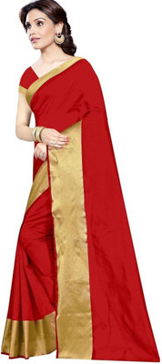 Divastri Solid/Plain Daily Wear Cotton Blend Saree(Yellow, Red)