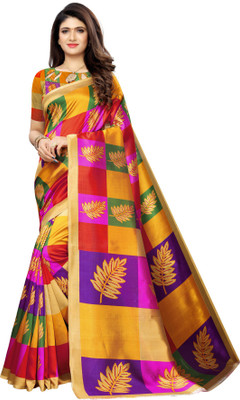 Samah Printed, Geometric Print Kanjivaram Poly Silk, Cotton Silk Saree(Multicolor, Purple, Yellow)