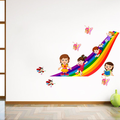 Decal O Decal 75 cm Kids Playing In The Rainbow With Butterflies Wall Stickers (PVC Vinyl,Multicolour) Self Adhesive Sticker(Pack of 1)
