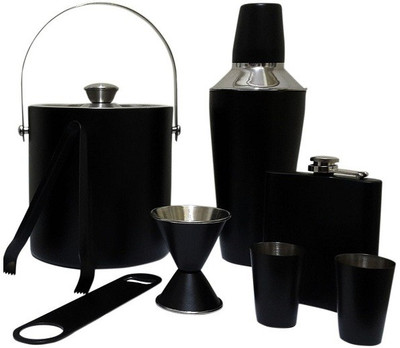 Dynore Stainless Steel 8 Pcs Black Bar Set Large- Cocktail Shaker 750 ml, Ice Bucket 1500 ml, Hip Flask 7 oz, Shot Glass 50 ml, Bottle Opener, Ice Tong, Peg Measure, 8 - Piece Bar Set(Stainless Steel)