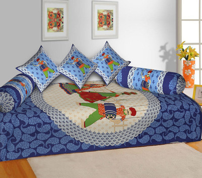 T9decorist Cotton Abstract Diwan Set(Blue)
