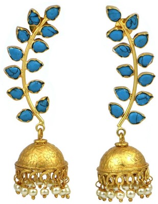 VANNYAA CREATIONSS Blue Leaf Designed Jhumki Gold Plated Matte Finishing With Brass, Druzy Non-Precious Metal, Gold Plated Dangle & Drop.(Light Weight) Crystal Brass Jhumki Earring