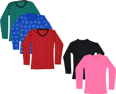 IndiWeaves Girls Solid, Printed Cotton Blend Regular T Shirt(Multicolor, Pack of 5)