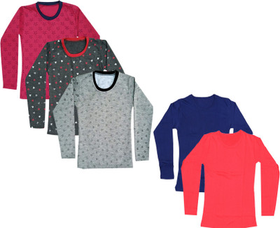 IndiWeaves Girls Solid, Printed Cotton Blend Regular T Shirt(Multicolor, Pack of 5)