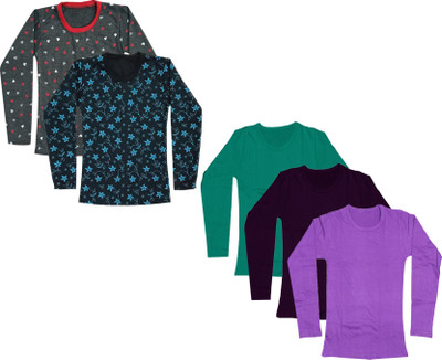 IndiWeaves Girls Solid, Printed Cotton Blend Regular T Shirt(Multicolor, Pack of 5)