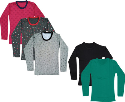 IndiWeaves Girls Solid, Printed Cotton Blend Regular T Shirt(Multicolor, Pack of 5)