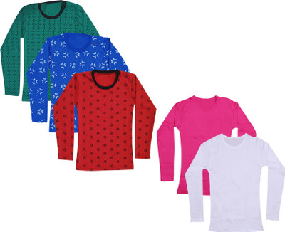 IndiWeaves Girls Solid, Printed Cotton Blend Regular T Shirt(Multicolor, Pack of 5)