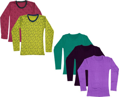 IndiWeaves Girls Solid, Printed Cotton Blend Regular T Shirt(Multicolor, Pack of 5)