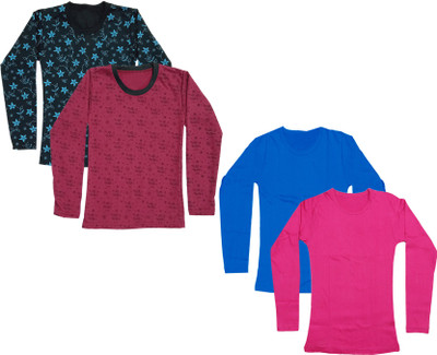 Indistar Girls Printed Cotton Blend Regular T Shirt(Multicolor, Pack of 4)