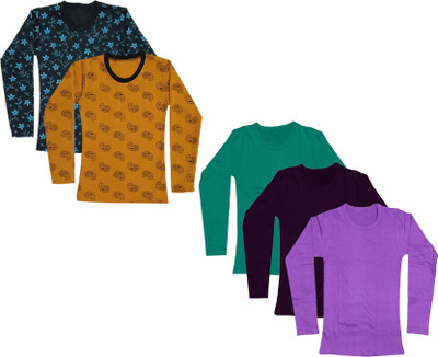 IndiWeaves Girls Solid, Printed Cotton Blend Regular T Shirt(Multicolor, Pack of 5)