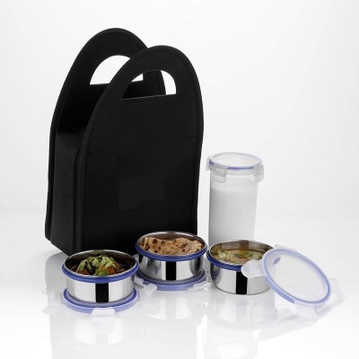 Flipkart SmartBuy Multipurpose Lunch Box with Bottle 3 Stainless Steel Containers & 1 Plastic Butter Milk Bottle, Plastic Spoon & Fork Insulated Fabric Bag Leak Proof Microwave Safe Full Meal Easy to Carry (Black) 4 Containers Lunch Box(250 ml, Thermoware)