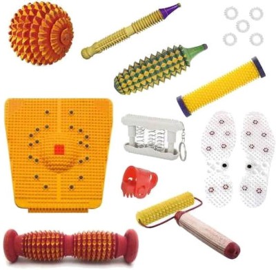Acufit ACU073 Acupressure Massager Tools Combo Kit for Stress and Pain Relief with Foot Roller (Pyramidal cuts)(Wooden) + Bio - Magnetic Power Mat + Wooden Handle Roller + Thumb Pad + Pocket Exerciser + Shoe Sole + Energy Roller - Soft +Wooden Ball + Wooden Karela + Wooden Jimmy +5 Pc Massage Rings 
