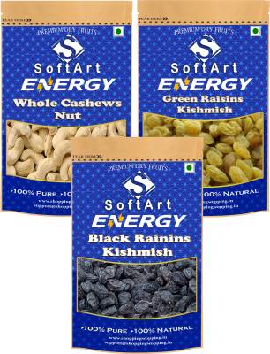 Soft Art Energy Whole Cashews Nuts, Green Kishmish (Green Raisins) & Black Kishmish (Black Raisins) (250g Each) Vacuum Pack Cashews, Raisins