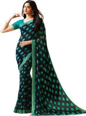 Bombey Velvat Fab Printed, Hand Painted, Ombre, Geometric Print, Floral Print, Checkered Daily Wear Georgette, Chiffon Saree(Green, Black)