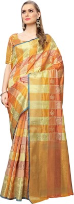 Samah Embellished, Woven, Checkered Kanjivaram Silk Blend, Jacquard Saree(Orange, Yellow)