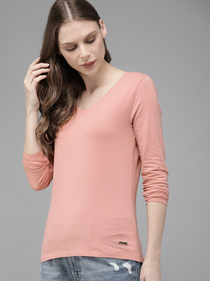 Roadster Solid Women Round Neck Pink T-Shirt