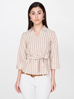 AND Formal Flared Sleeve Striped Women Beige Top