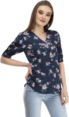 Cwtch Casual Half Sleeve Floral Print Women Dark Blue Top