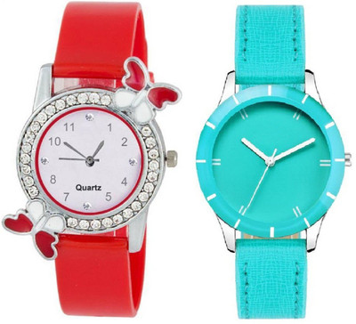 Heeva Slim & Shiny Look Sky Blue & Red butterfly on diamond studded case analog 71431 Standard Quality Premium Colllection Analog Watch - For Women