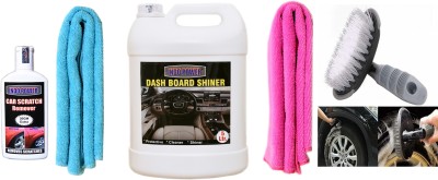 INDOPOWER TOP573-DASHBOARD SHINER 5ltr + 2PC CAR MICROFIBER CLOTH+ scratch remover 100gm. +All Tyre Cleaning Brush Car Washing Liquid(5200 ml)