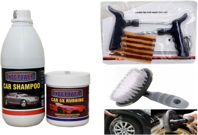 INDOPOWER CAR SHAMPOO 500ml+ CAR 5X RUBBING POLISH 250ml+ Tubelass smart Panchar Kit.+All Tyre Cleaning Brush Combo