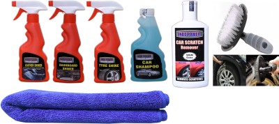INDOPOWER CAR SHAMPOO 250ml +LEATHER SHINER SPRAY 250ml +DASHBOARD SHINER SPRAY 250ml+ TYRE SHINER SPRAY 250ml+ 1PC CAR MICROFIBER CLOTH + Scratch Remover 200gm.+All Tyre Cleaning Brush Combo