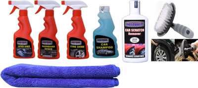 INDOPOWER CAR SHAMPOO 250ml +LEATHER SHINER SPRAY 250ml +DASHBOARD SHINER SPRAY 250ml+ TYRE SHINER SPRAY 250ml+ 1PC CAR MICROFIBER CLOTH + Scratch Remover 200gm.+All Tyre Cleaning Brush Combo