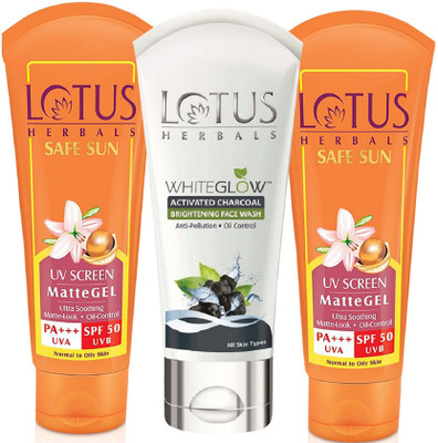 LOTUS HERBALS Combo UV Sunscreen Matte Gel SPF-50 With Charcoal Brightening Face Wash(3 Items in the set)