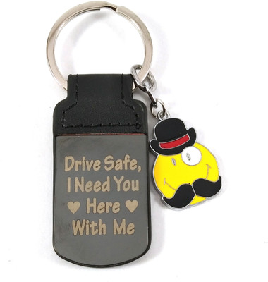 Isk Drive Safe Leather Black Silver with Yellow Moustache Smiley Keychain Key Chain