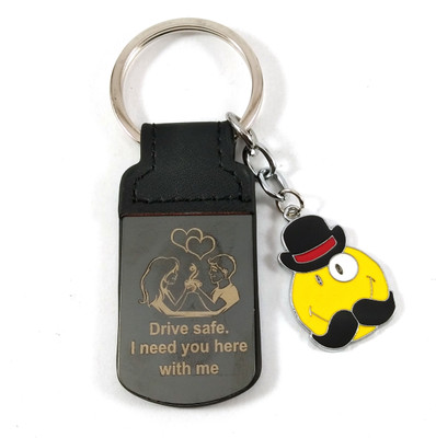 Isk Drive Safe Message Couple Design Silver Black Color with Yellow Moustache Smiley Keychain Key Chain