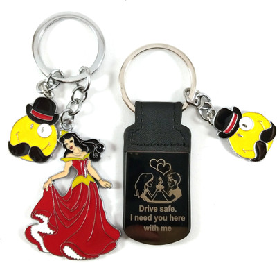 Isk beautiful Red Cinderella with Moustache Smiley And Drive Safe Message Couple Design Silver Black Color with Yellow Moustache Smiley Keychain Key Chain