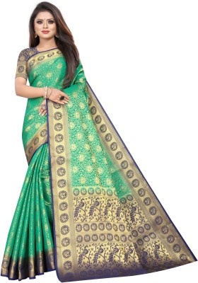 FINE WEAR Woven Banarasi Cotton Silk Saree(Green)