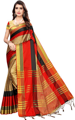 NightBlue Checkered Fashion Cotton Silk Saree(Beige)