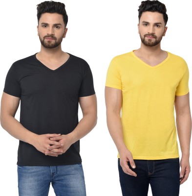 Unite Wear Solid Men V Neck Black, Yellow T-Shirt